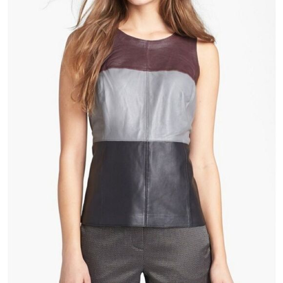 NWT Halogen 100% Lamb Leather Color-block Top - Picture 1 of 6
